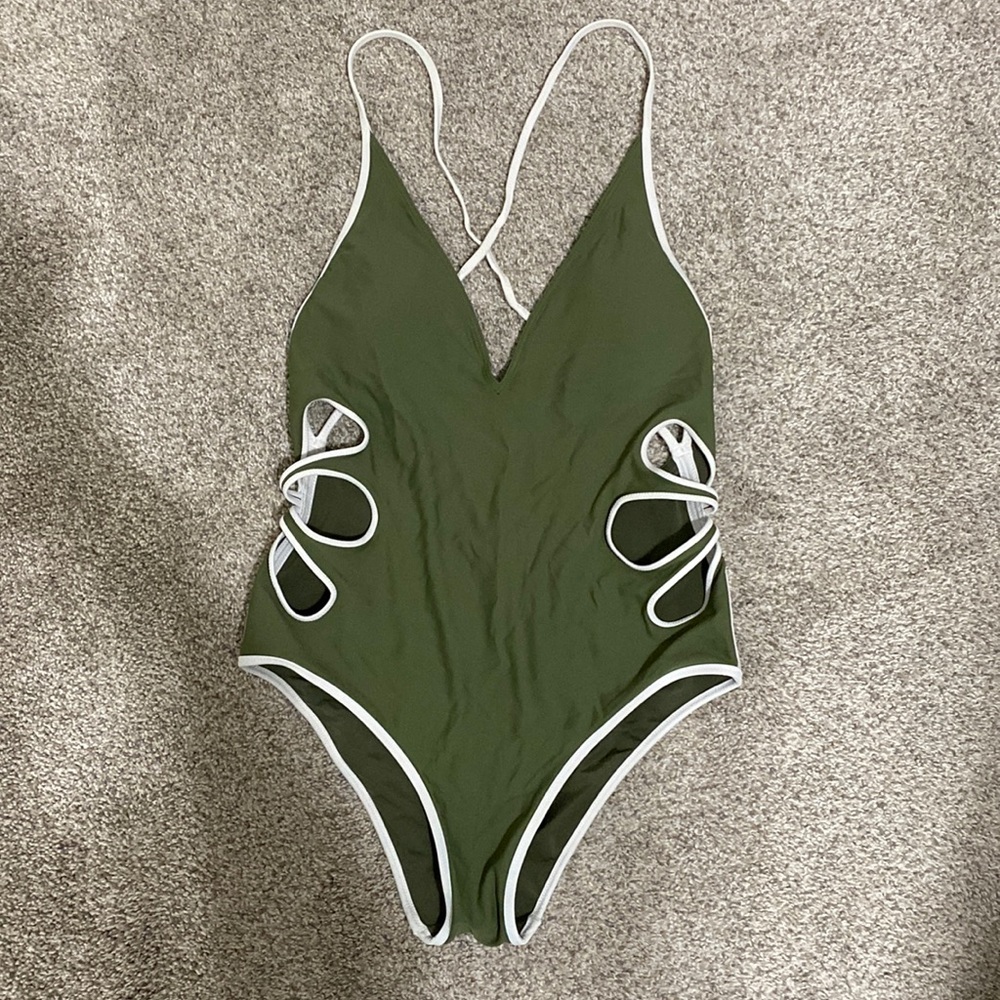 aerie Olive Green One-Piece Swimsuit with White Trim